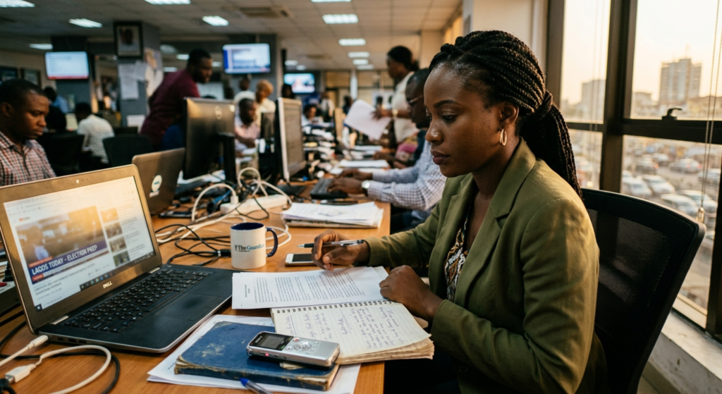 AI-generated image of a Nigerian journalist working at her desk on world press freedom day